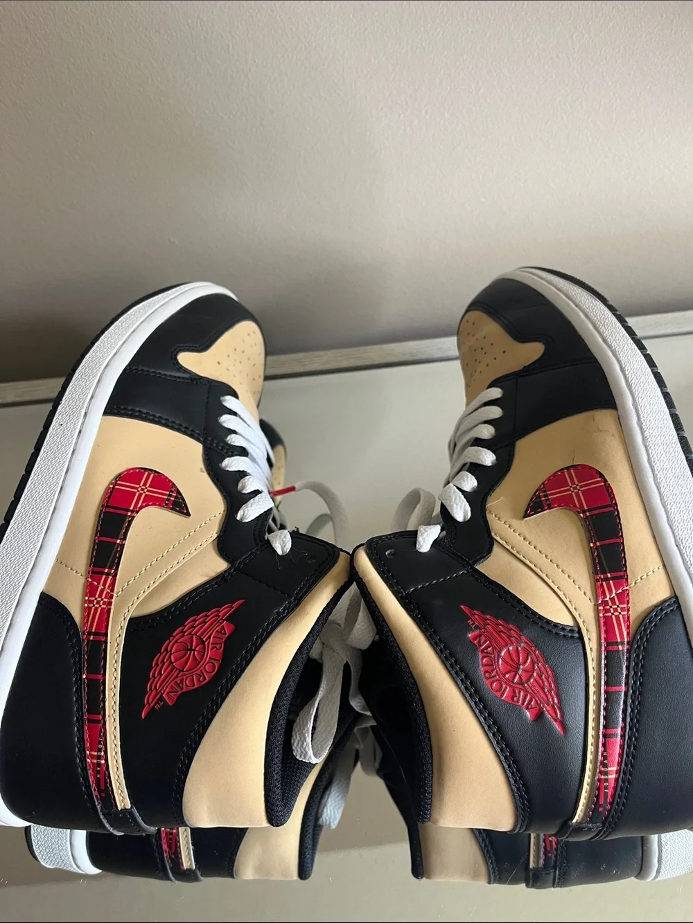 Air Jordan 1 Mid SE Tartan Swoosh tan/red tennis shoes men’s size 8/womens 9.5